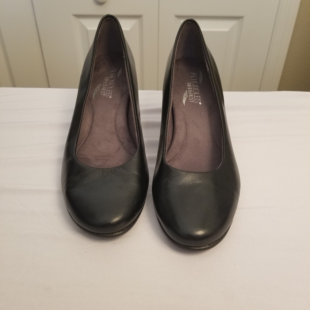 Aerosoles Heelrest Black Leather Pumps Round Toe Comfort Block Heel Womens 7M